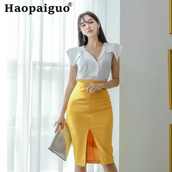 

Large Size Women's Summer OL Office Work Two Piece Set Sleeveless White Shirt and Split Midi Bodycon Skirt with Sashes Sundress