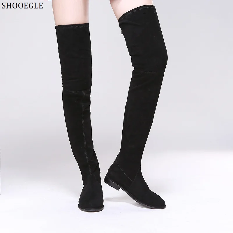 

SHOOEGLE Botas Mujer Stretch Suede Women Over-The-Knee Boots Comfort Flat Bottom Thigh High Boots Back Zipper Women Long Boots