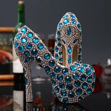 Fashion Blue Crystal Women Shoes Popular Wedding Bridal Shoes Woman High Heeled Party Princess Rhinestone Female Shoes