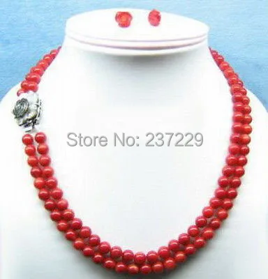 

Wholesale price FREE SHIPPING ^^^2 Rows Red Coral 18KWGP Shell Flower Clasp Necklace Earrings