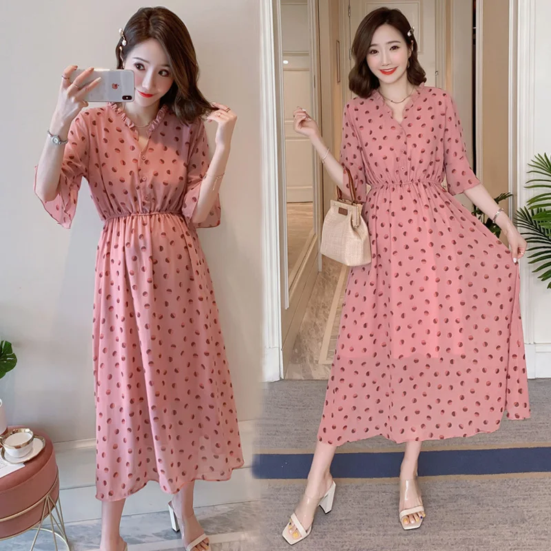 

Summer V-neck breastfeeding dresses nursing clothes Women Short Sleeve Pregnant Maternity Dress Pink Dot Nursing Pregnancy Sweet