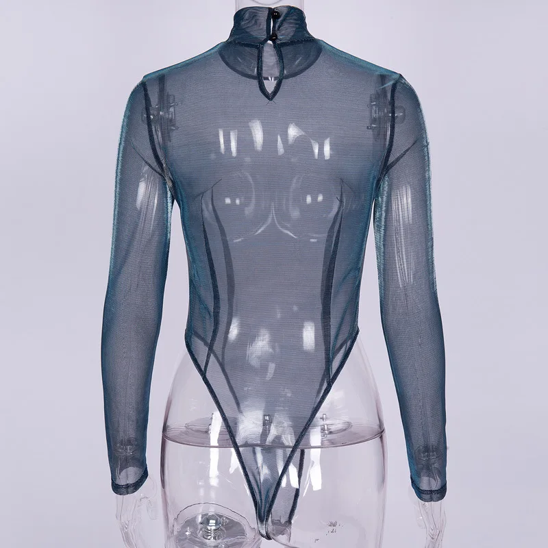 7Mang, летний сексуальный прозрачный женский боди с длинным рукавом, прозрачная водолазка, черный комбинезон, блестящие сетчатые комбинезоны 1228