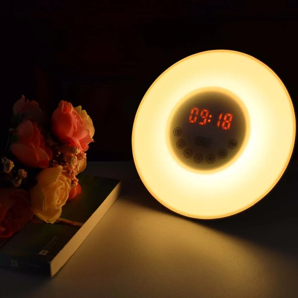 

2017 New Arrival Novelty LED DC5V Sunrise Alarm Clock LED Night Light FM Radio Digital Bedroom Light RGB Wake Up Light