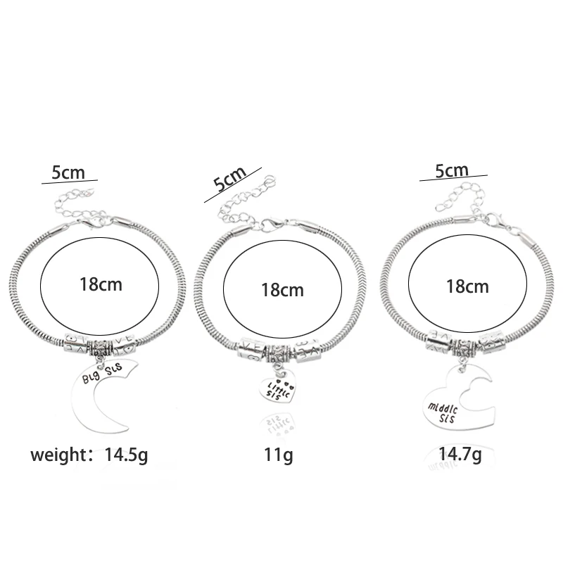 3 шт./компл. Большой Средний Маленький Браслет для сестры для Для женщин Головоломка Сердце Луна Форма Регулируемая Серебряная цепочка браслет лучший друг ювелирные изделия
