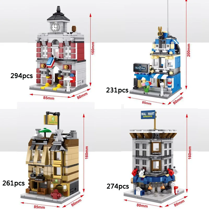

Hot City Mini street view building block with light Fire Department Holiday Inn hotel barber shop Supermarket center bricks toys