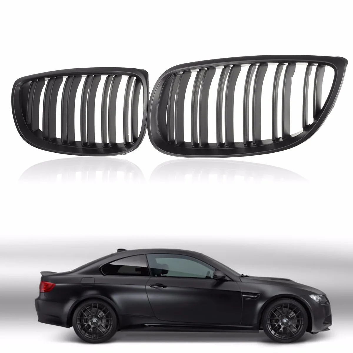 

for BMW E92 E93 3-Series M3 Pair Front Kidney Matte Black Bumper Grille Grills Dual Line 2007 2008 2009 2010 Decorativf