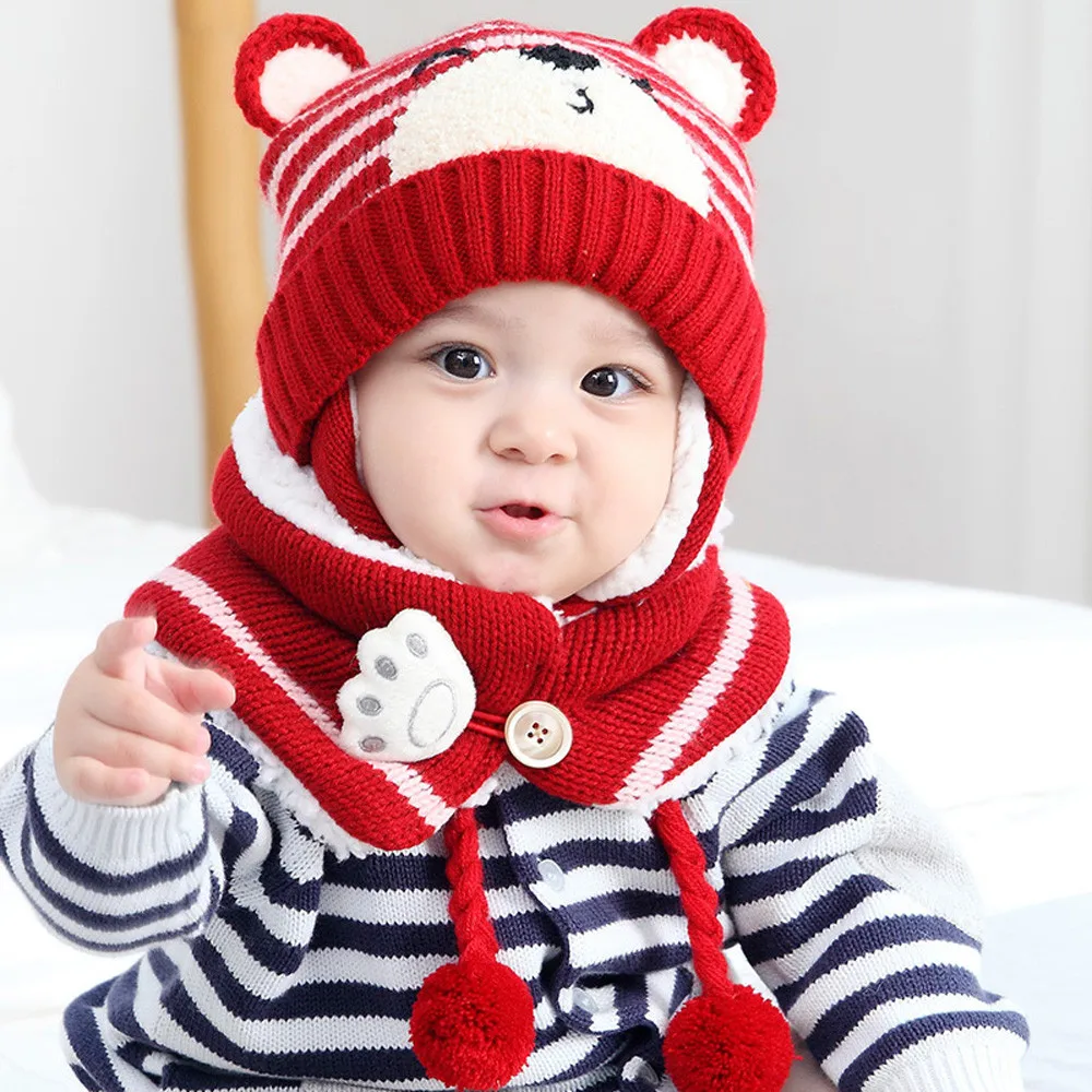 

MUQGEW 2018 Brand Children Hat Baby Boy Girl Hair Ball Earbud Hat Child Print Knit Hats +Scaf Child Cap Photo Props gorro infant