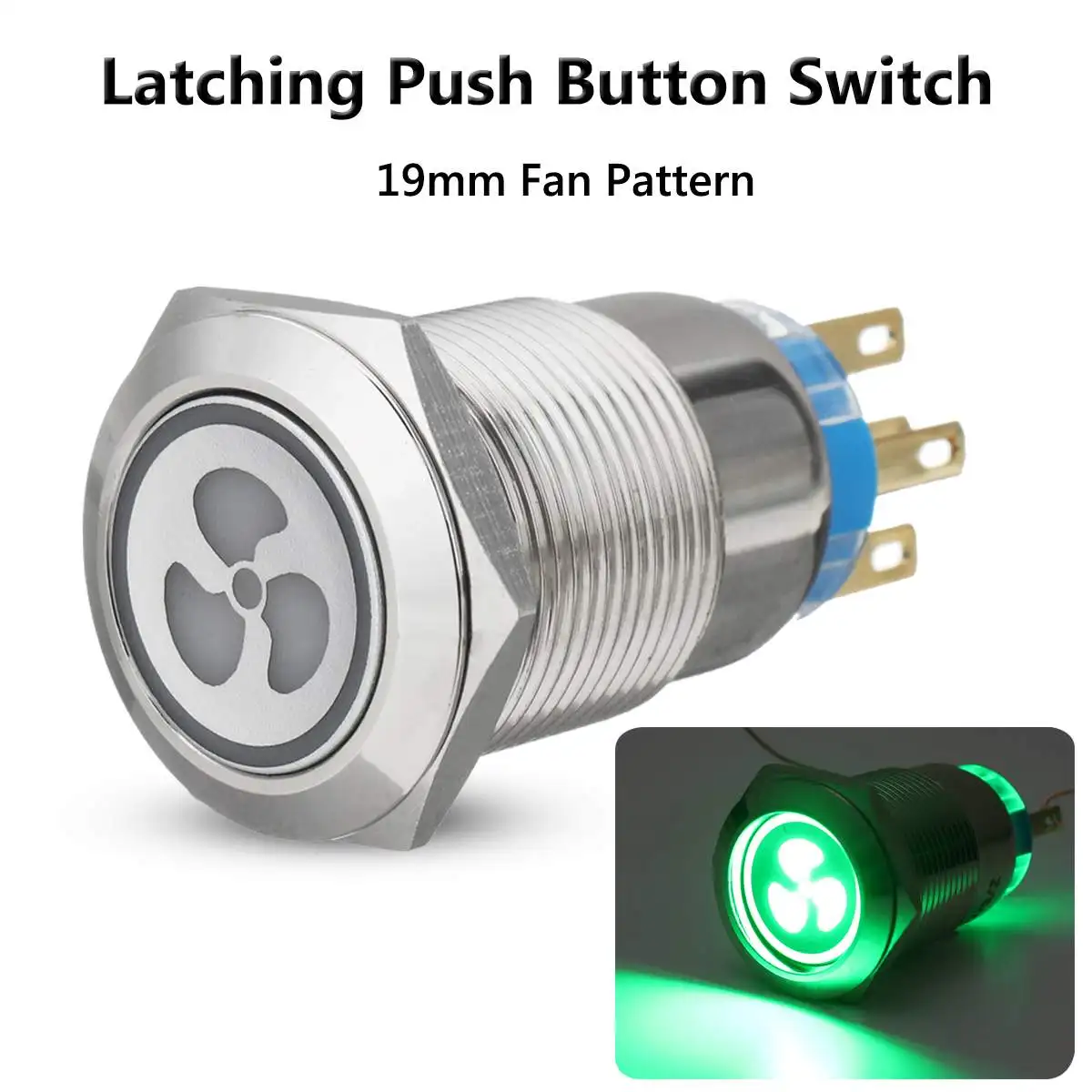 19mm LED Push Button Switch 12V Self-Lock Panel Fan Switch For Car Truck Lorry Boat - Color: Green