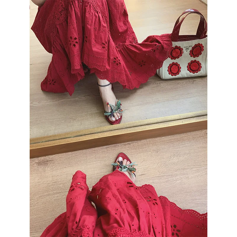 Линетт китайский стиль весна лето Романтический Французский Винтаж изысканная вышивка выдалбливают Кружева Хлопок Красный v-образным вырезом платья