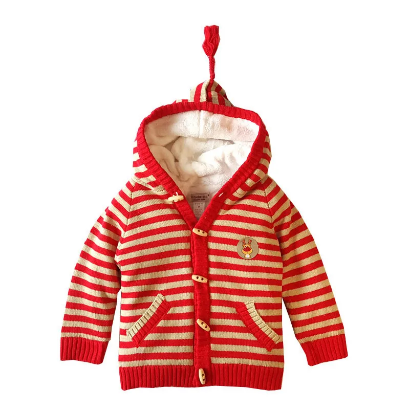 Red Children's Hooded Thick Sweater 12M to 4T Cotton Striped Sweater Spring Autumn Winter Girl Boy Children's Clothing - Цвет: Red