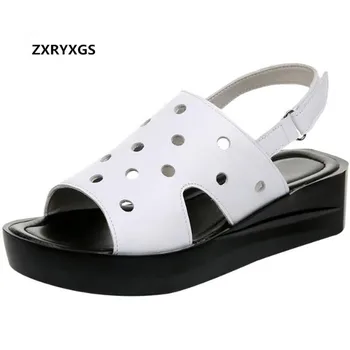 

2019 New Open Toe Genuine Leather Sandals for Women Shoes Elegant Fashion Sandals Thick Bottom Wedges Women Sandals White Black