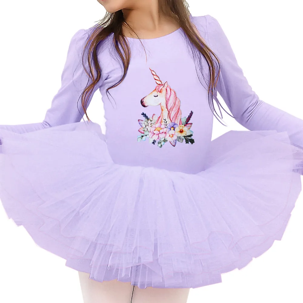 BAOHULU/Детское трико для гимнастики балета; платье с героями мультфильмов; платье-пачка; танцевальные костюмы; платье для девочек; комплект с юбкой для выступлений - Цвет: B155 UnicornPurple