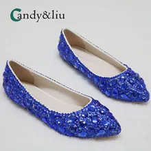 Свадебные туфли с голубыми кристаллами; туфли с острым носком на плоской подошве с закрытым носком; вечерние туфли для подружки невесты для беременных девочек