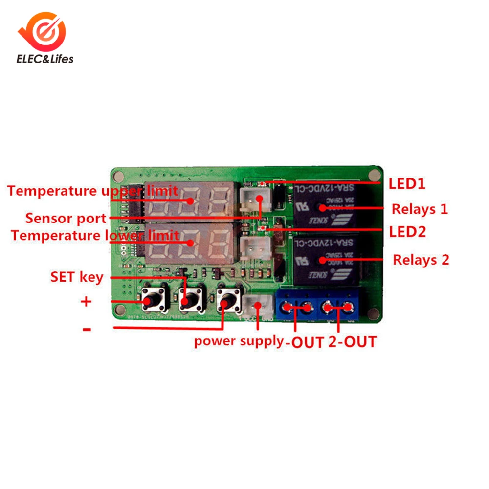 Двойной светодиодный дисплей DC цифровой контроль температуры Лер Термостат Регулятор верхний/нижний предел двойной релейный выход контроль переключатель 12 В
