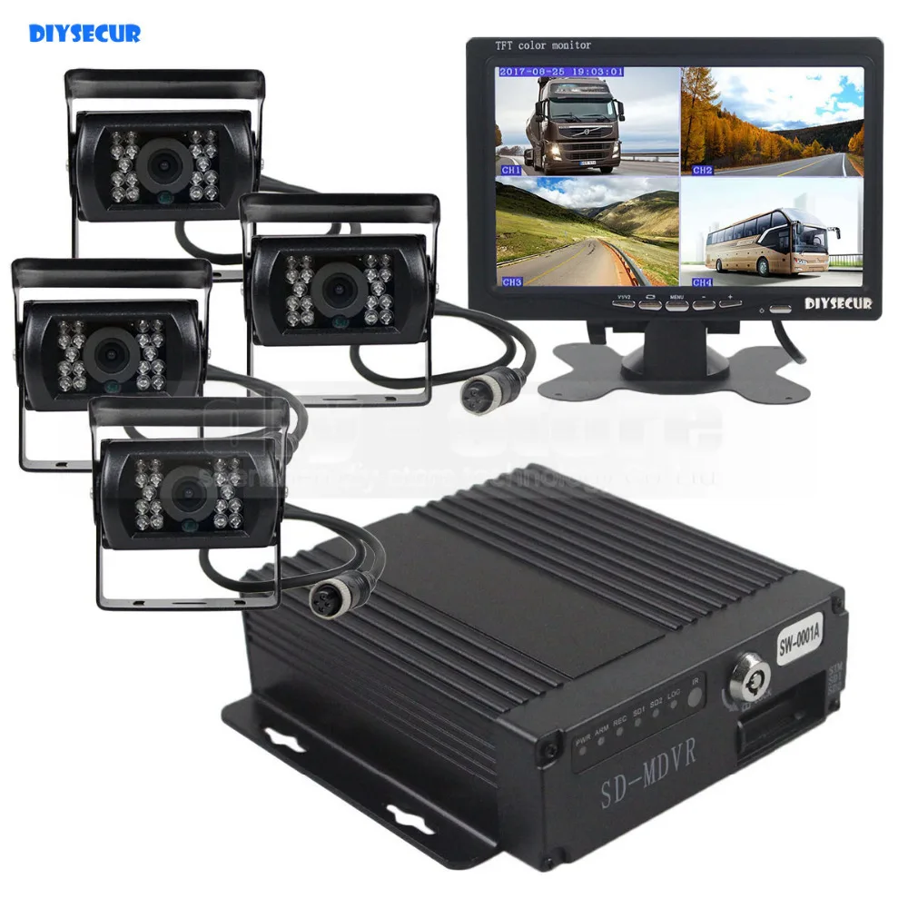 

DIYSECUR SD 4CH Car DVR Video Recorder 7inch HD Car Monitor + 4 x Night Vision Rear View Camera For Truck Van Bus