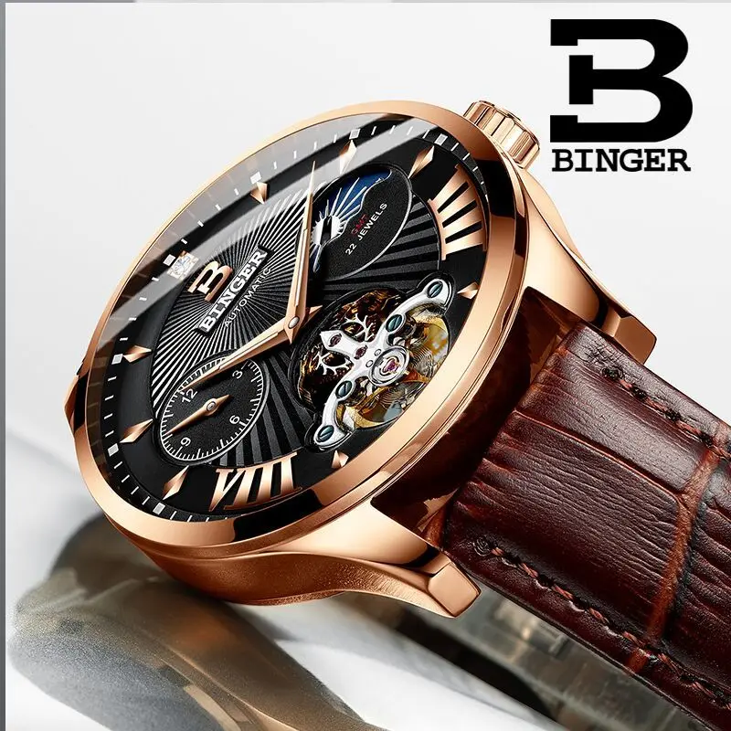 Новые швейцарские автоматические механические часы, мужские часы Бингер, роскошные Брендовые мужские часы, сапфировые мужские часы с скелетом, водонепроницаемые B-1186-8