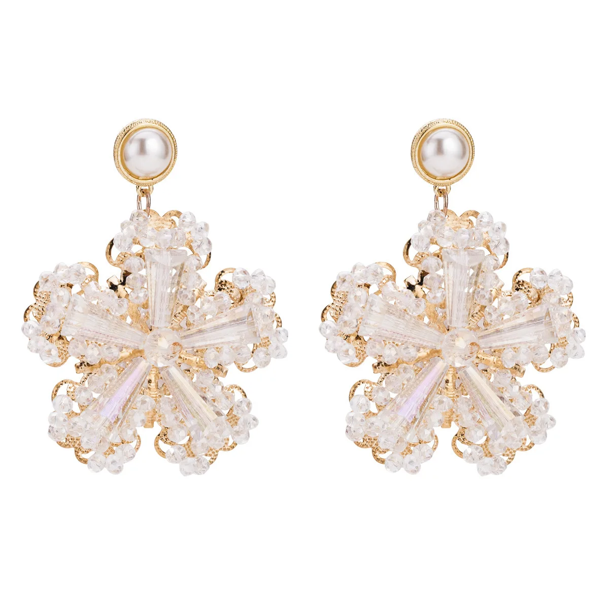 

JOUVAL Crystal Big Snowflake Earrings For Women Pearl Earring Hanging With Flower Statement Drop Earings Female Brincos Jewelry