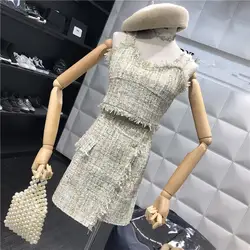 Мода 2018 Женские повседневные ремни тонкий жилет с высокой талией твидовая юбка наборы модные женские винтажные с открытой спиной костюмы