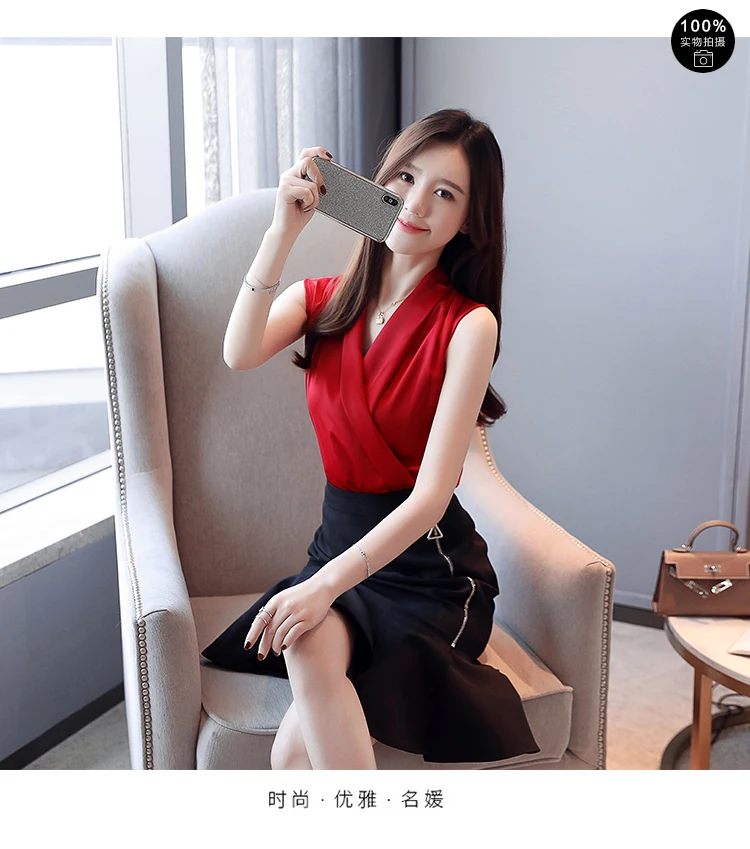 7 цветов корейская мода v-образным вырезом без рукавов атласная блузка женская летняя шифоновая майка рубашка Офисная Женская Элегантная блузка