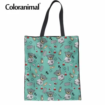 

Coloranimal Women's Handbags Fashion Nurse Bear Canvas Shopper Bag Casual Beach Bags 3D Nurse Cartoon Print Schoolbag Teenager