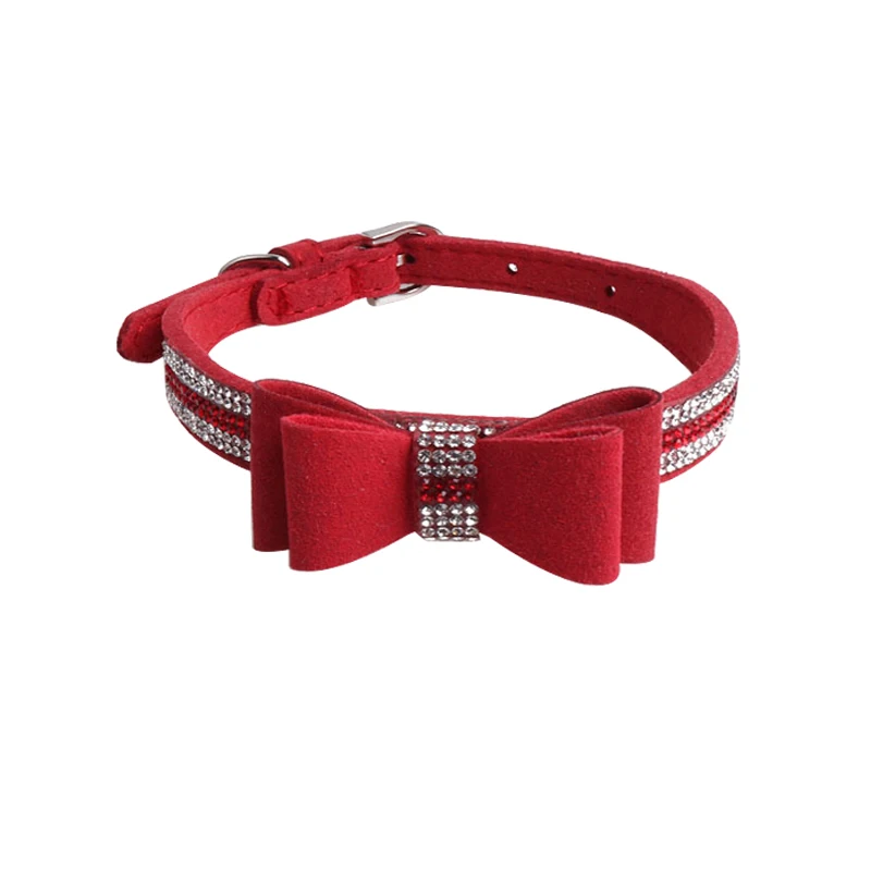Red Collar Милый Ошейник украшение Стразы ошейник для маленькой собаки Регулируемый замшевый плюшевый щенок ожерелье 120 см длинный поводок для собаки набор - Цвет: Red Collar