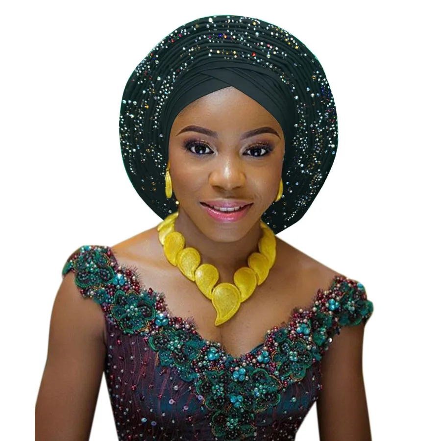 Африканский головной убор нигерийский головной убор с бисером камни Авто геле Африканский гель для свадебной вечеринки - Цвет: black
