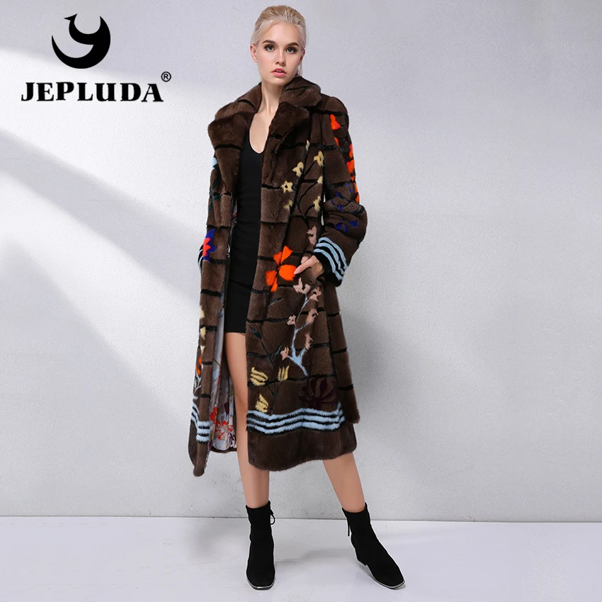 JEPLUDA Женская Норковая Шуба Натуральный Мех Американский с Цветочный Рисунок