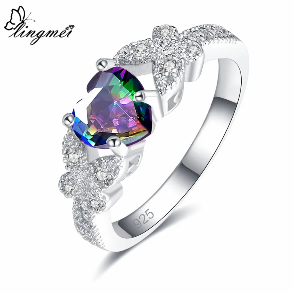 

lingmei Wholesale Fashion Lover Valentine's Day Heart Cut Rainbow Pink White Cubic Zircon Silver Butterfly Ring Size 6 7 8 9 NEW