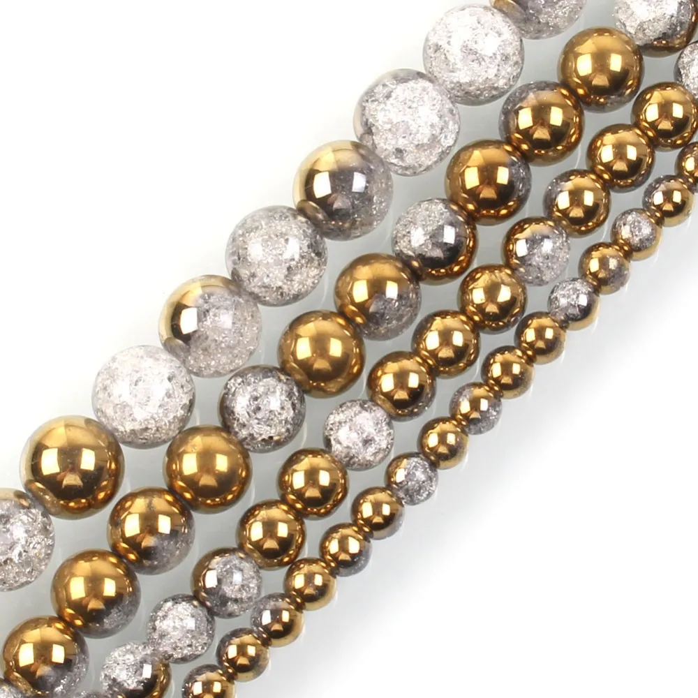 

15" Strand Round Cracked Crystal Stone Beads Plated Haft Gold Loose Spacer Beads For Jewelry Making Bracelet Necklace DIY 6-12mm