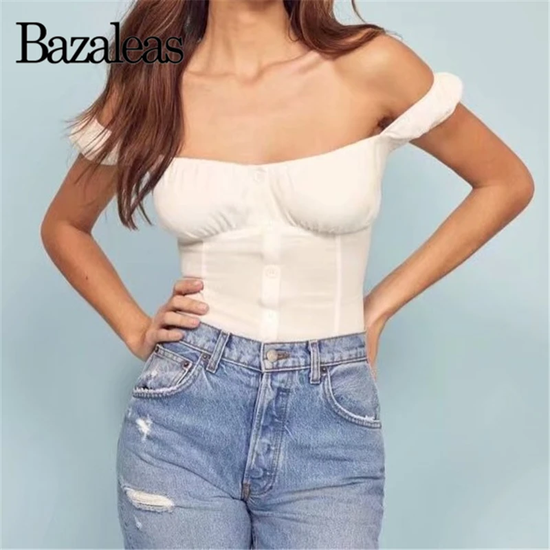 

Bazaleas Chic Off Shoulder Women T-shirt Vintage Cotton womens crop top Slim Fashion tshirt Casual Women T shirt drop shipping