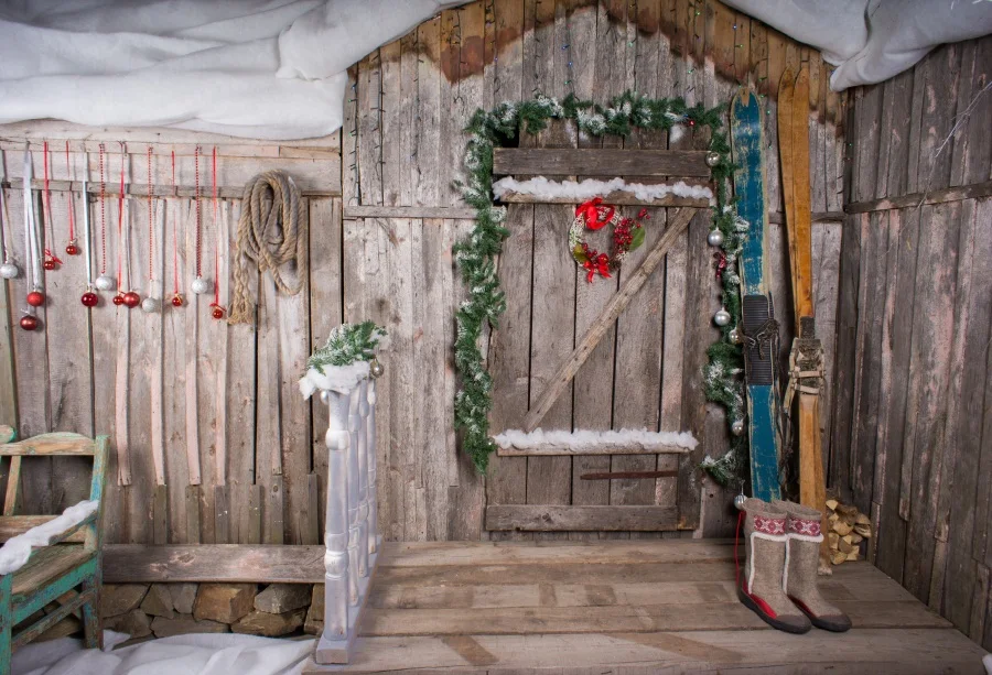 

Laeacco Farm Wooden House Snow Christmas Balls Rattan Photography Background Customized Photographic Backdrop For Photo Studio