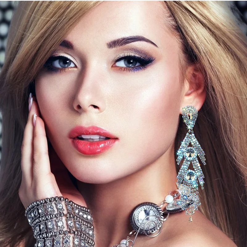 CHRAN Gold Silver Color Sparkling Rhinestone Long Tassel Earrings for Women Exaggerated Crystal Dangle Drop Earrings Jewelry