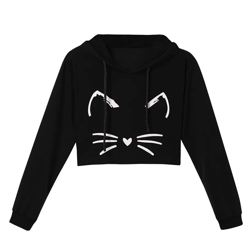 Толстовки, свитшоты для женщин и девочек, повседневный короткий свитер с капюшоном и длинным рукавом, пуловер с принтом котенка, топы, блузки для женщин 0912 - Цвет: Black B