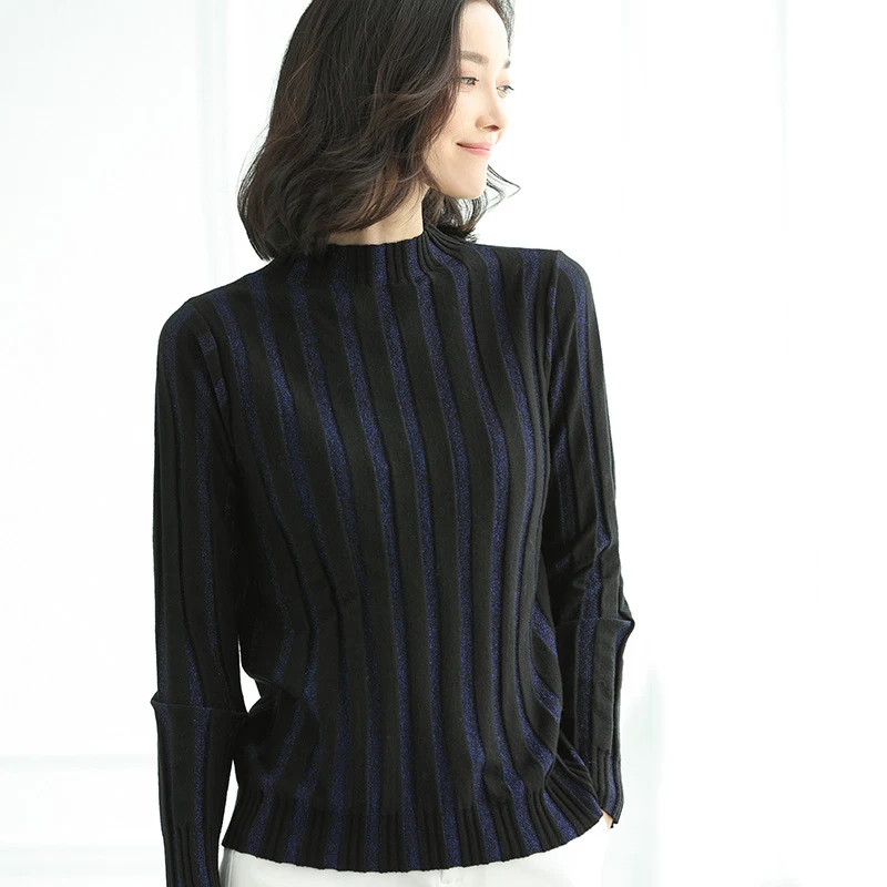 Günstige Gestrickte Pullover Frauen Pullover 2018 Neue Herbst Langarm rollkragenpullover Halb Mode Gestreiften Pullover Pull Femme Frau Stricken Top