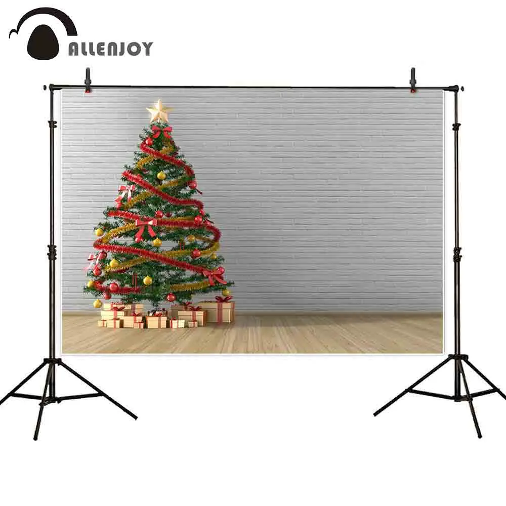 Allenjoy christmas photo background white Brick wall pine tree
decoration gift Wooden floor indoor blank photography backdrops