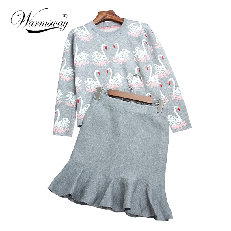 Fashion women grey ruffle swan sweaters sets woman Pullover Tops and Slim Bodycon Pencil Skirt Set Casual Two Piece Set C-044