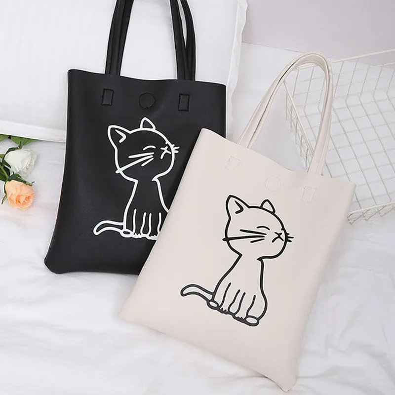 Women Girls PU Leather Single Shoulder Bag Handbags Totes Cat Print