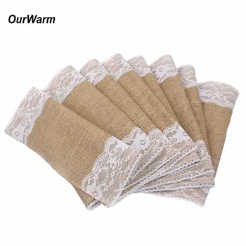 

OurWarm 10pcs 275x30cm Rustic Lace Rose Burlap Table Runner for Wedding Party Decoration Hessian Vintage Tablecloth Covers