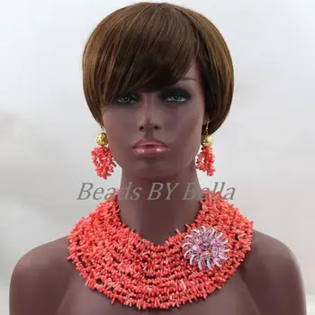 

Chunky New Pink Coral Beads Necklace Earrings Jewelry Set Indian Bridal Women Jewelry Set African Wedding Free Shipping ABL267