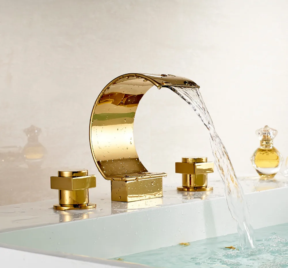 Широкое 3 отверстия водопад смеситель для раковины золото Отделка ванная комната раковина смеситель