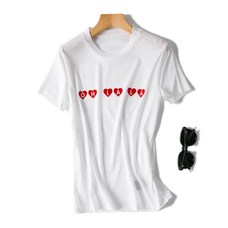 Хлопок, шелк смесь Женская мода Сладкий краткое письмо футболка с коротким рукавом сердце с принтом Футболки S/XL оптом и в розницу