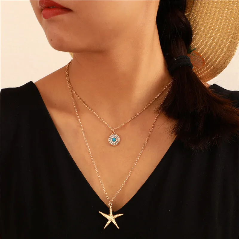 

Tocona Gold color Long Chain Starfish Crytsal Stone Multi Layer Necklace for Women Bohemian Geometric Pendant Jewelry A35405