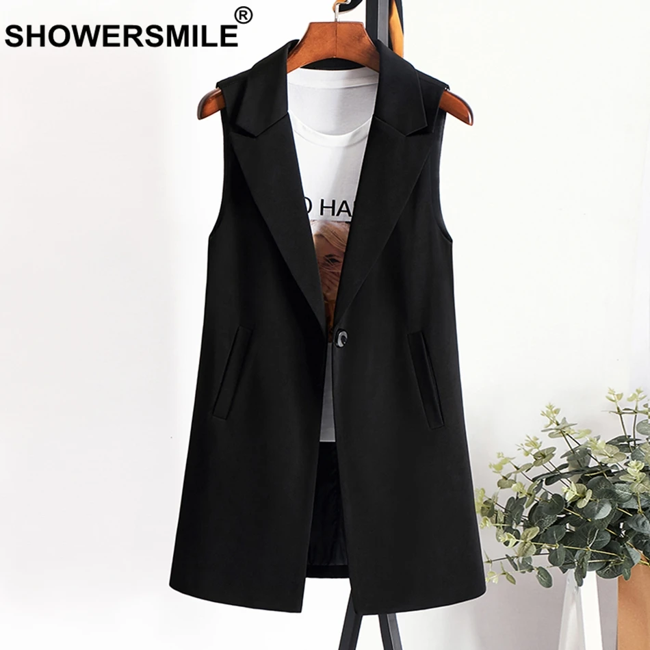 SHOWERSMILE Ladies Waistcoat Black Long Sleeveless Vest For Women Office Elegant Gilet Female Spring One Buttuon Clothing 2019