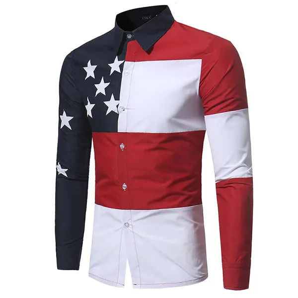 Рубашки в стиле пэчворк с изображением американского флага, брендовая мужская одежда, приталенные повседневные мужские рубашки с длинным рукавом - Цвет: Бежевый
