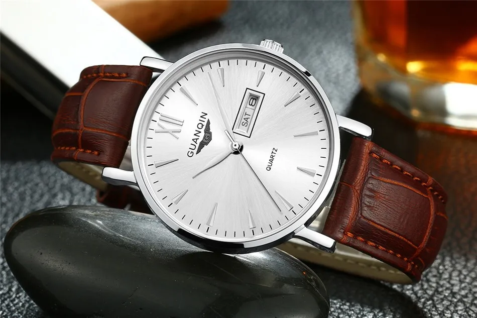 GUANQIN Брендовые мужские часы Бизнес Кварцевые 30 м водонепроницаемые часы мужские кожаный ремешок Авто Дата наручные часы Мужские часы