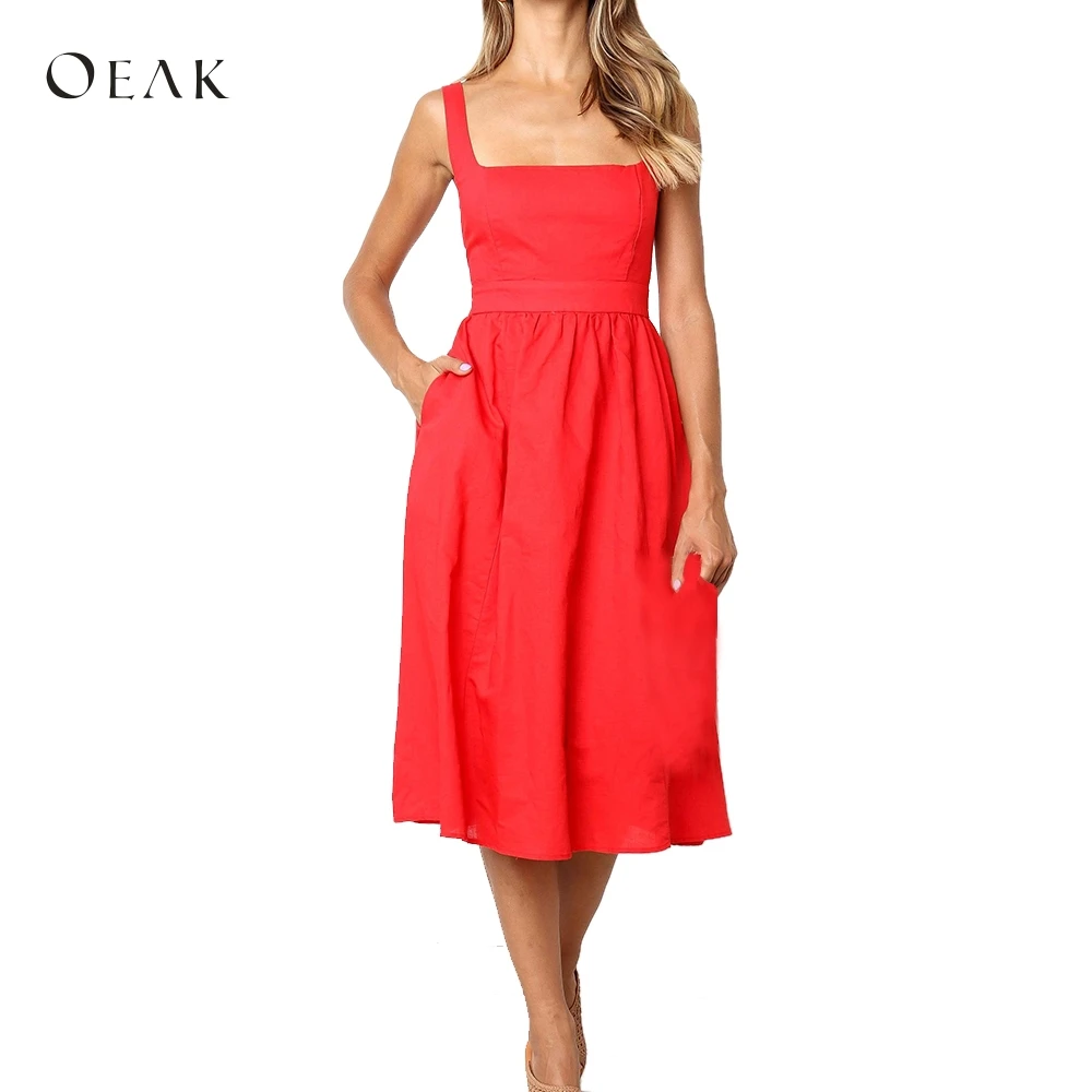 

OEAK 2019 Womens Dresses Summer Square Neck Plain Ladies Dresses Simple Casual Strap Sexy Backless Sleeveless Dress Female