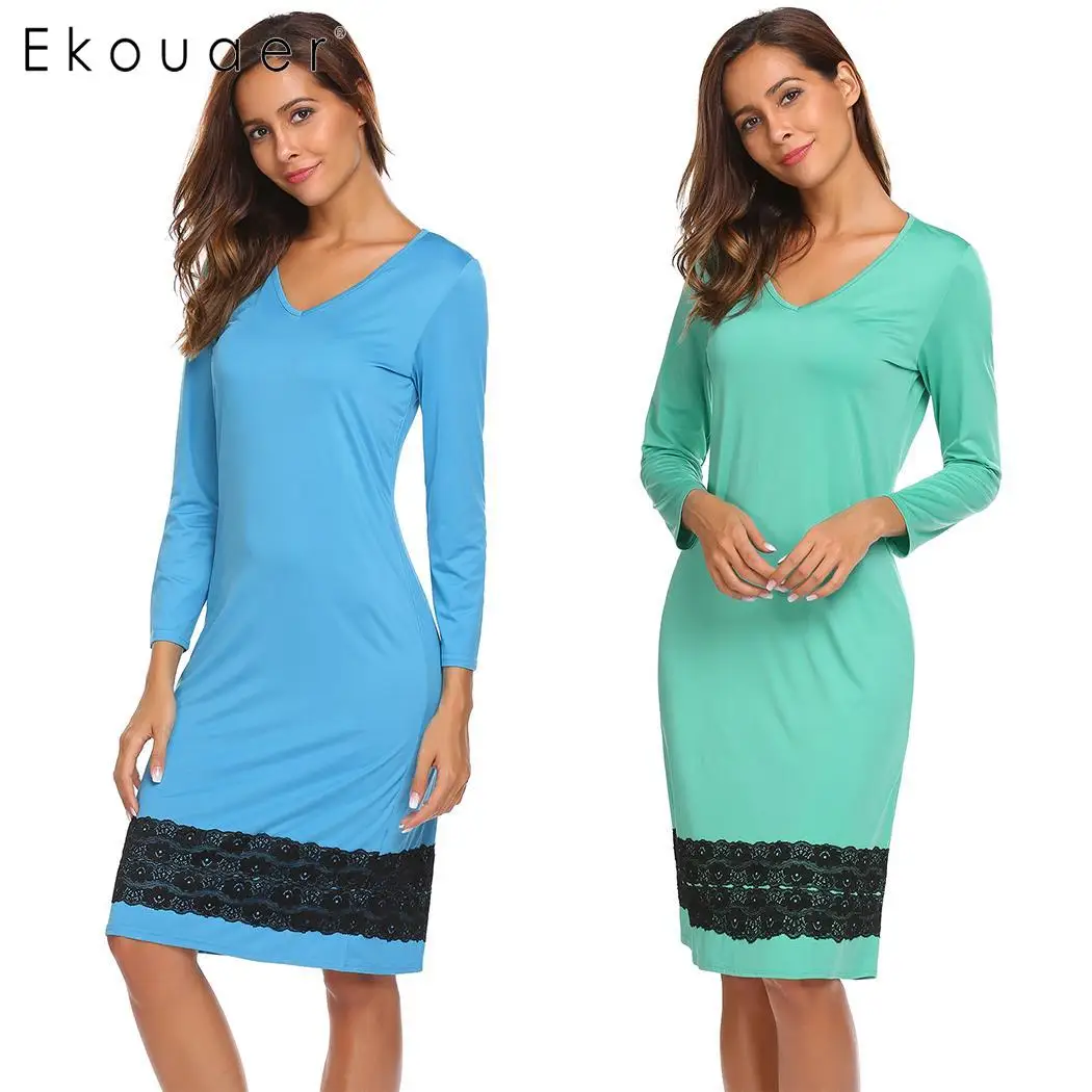 Ekouaer, женская ночная рубашка с длинным рукавом, ночная рубашка, v-образный вырез, длина до колен, облегающее спальное платье, ночная рубашка, Дамская рубашка, ночная рубашка