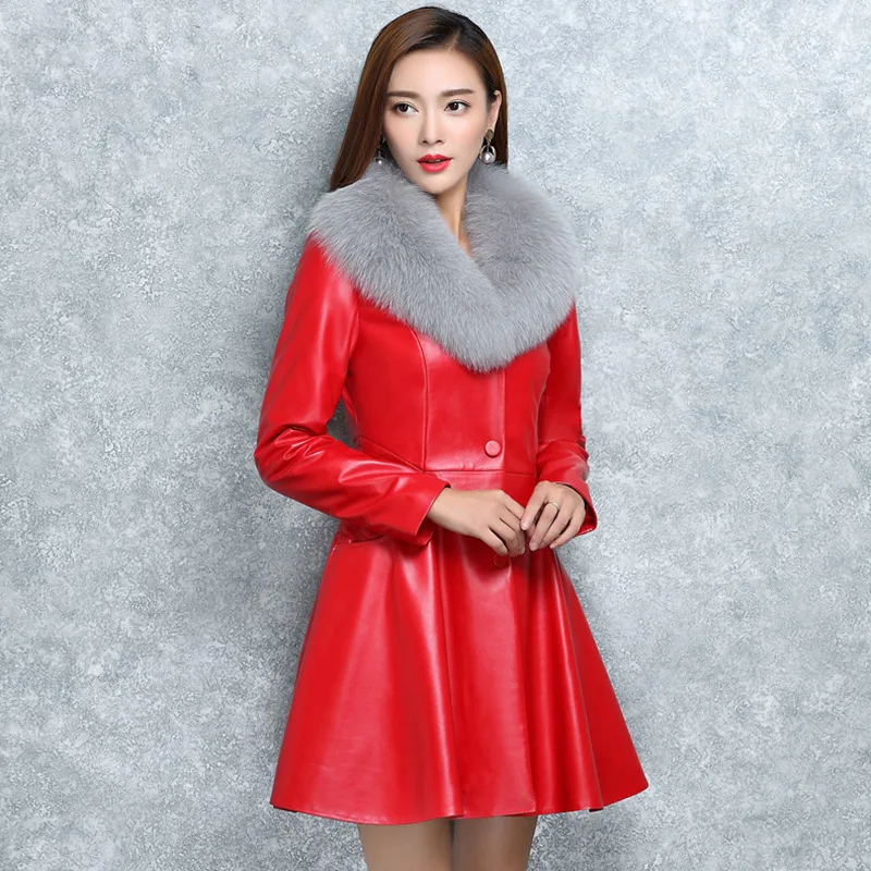 S-4XL, женская кожаная куртка, зимнее пальто, Новое поступление, модный большой меховой воротник, однотонный плюс хлопок, теплые женские кожаные куртки