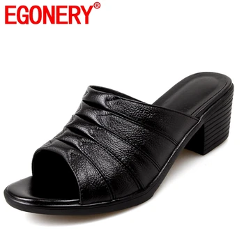 

EGONERY high quality cow Leather woman slippers summer Folded hollow Slides Pu insole Outside med square heels women mules shoes