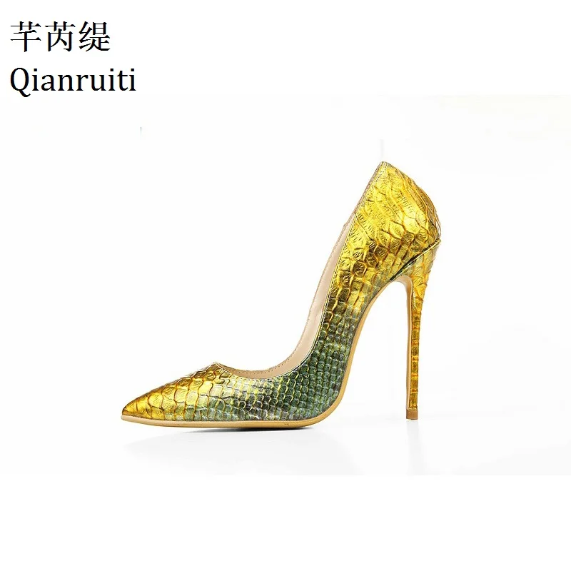 

Qianruiti Gold Embossed Leather High Heels Women Shoes Sexy Pointed Toe Women Pumps 12CM Stiletto Heels Ladies Dress Shoes